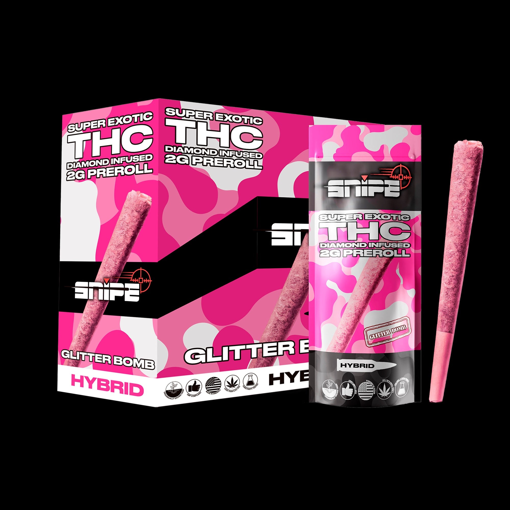 SNIPE SUPER EXOTIC 2G PINK(BLAZY SUSAN) THC-P 2 2 0 DIAMOND PRE ROLLS 10PK/BOX | GLITTER BOMB (H