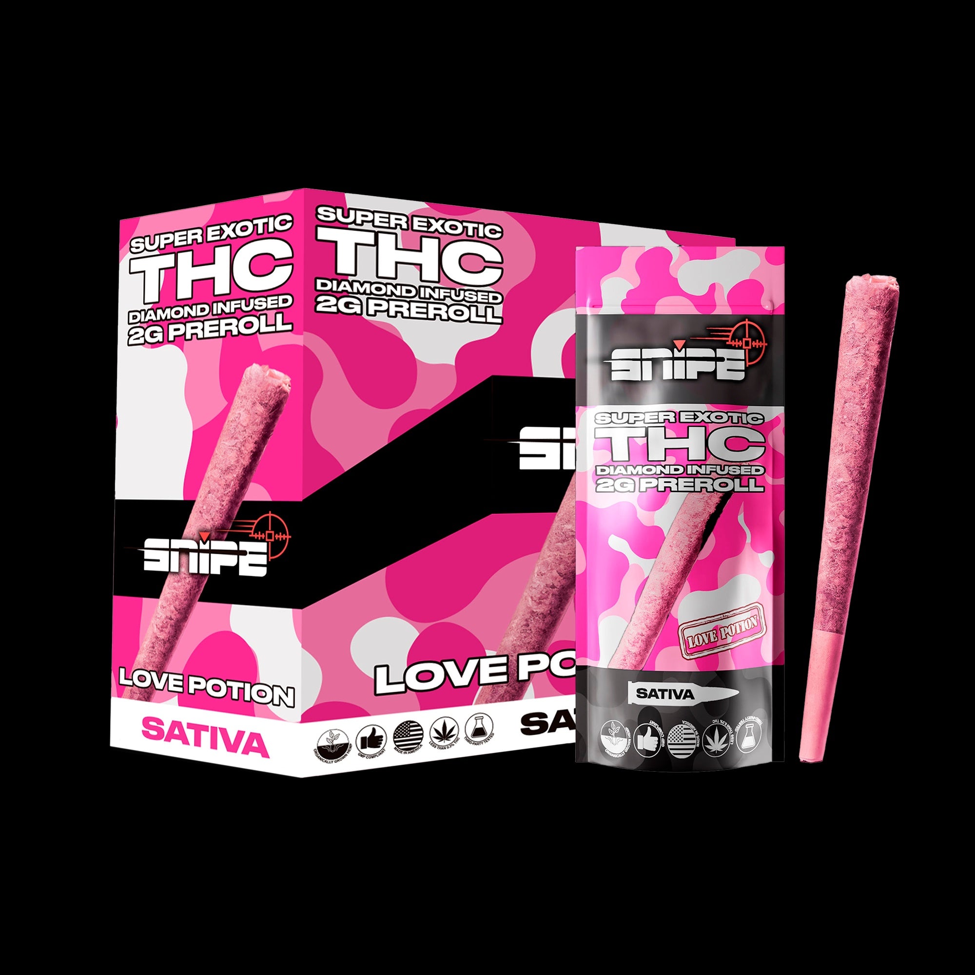 SNIPE SUPER EXOTIC 2G PINK(BLAZY SUSAN) THC-P 2 DIAMOND PRE ROLLS | LOVE POTION (S)