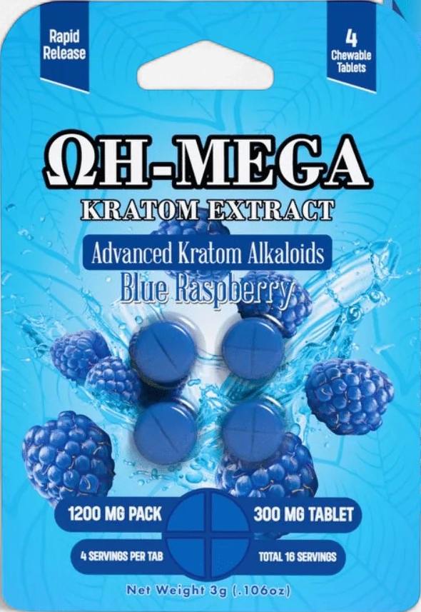 OH-MEGA Kratom Alkaloids 300mg Tab 4/Pk BLUE RASPBERRY