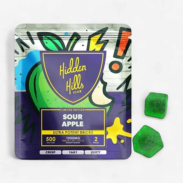 HIDDEN HILLS HEADY Blend ULTRA THC-A/B+D9 1000mg GUMMIES 2/Pk 30Pk/Dispenser SOUR APPLE