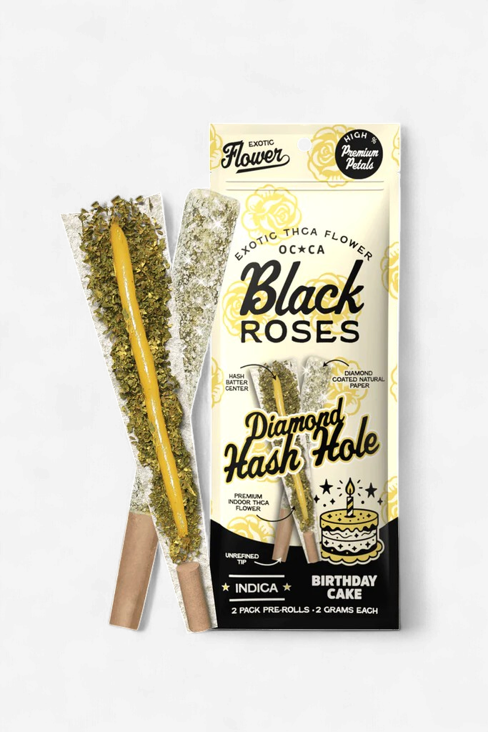 BLACK ROSES THC-A DIAMOND HASH HOLE PRE ROLL 2PK BIRTHDAY CAKE INDICA