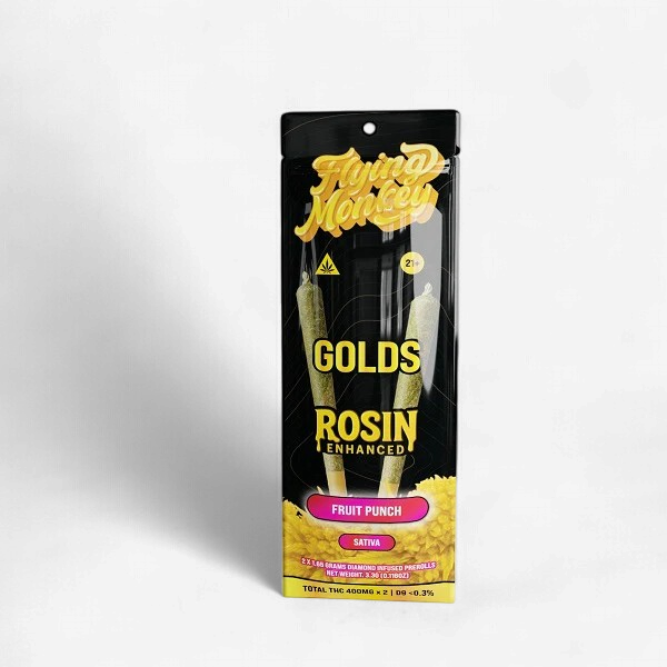 FLYING MONKEY GOLDS ROSIN ENHANCED THC-P 1.65G DIAMOND INFUSED PRE ROLLS 2CT/PK 10PK/ BOX | FRUIT PUNCH (S)