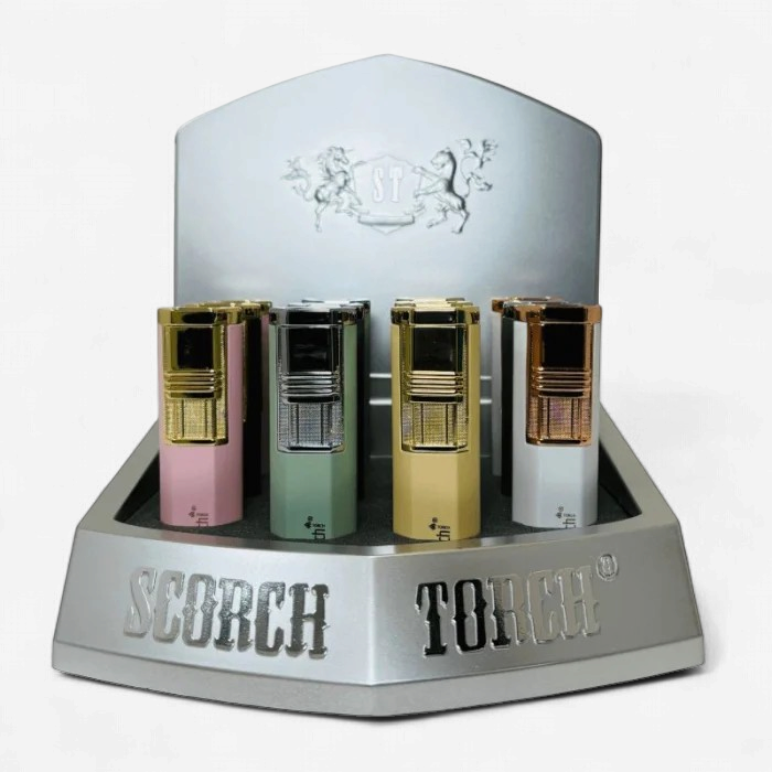 SCORCH TORCH DUAL TORCH w/CIGAR PUNCH 12ct/Display ASSORTED COLORS 61706-2T