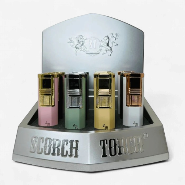 SCORCH TORCH DUAL TORCH w/CIGAR PUNCH 12ct/Display ASSORTED COLORS 61706-2T