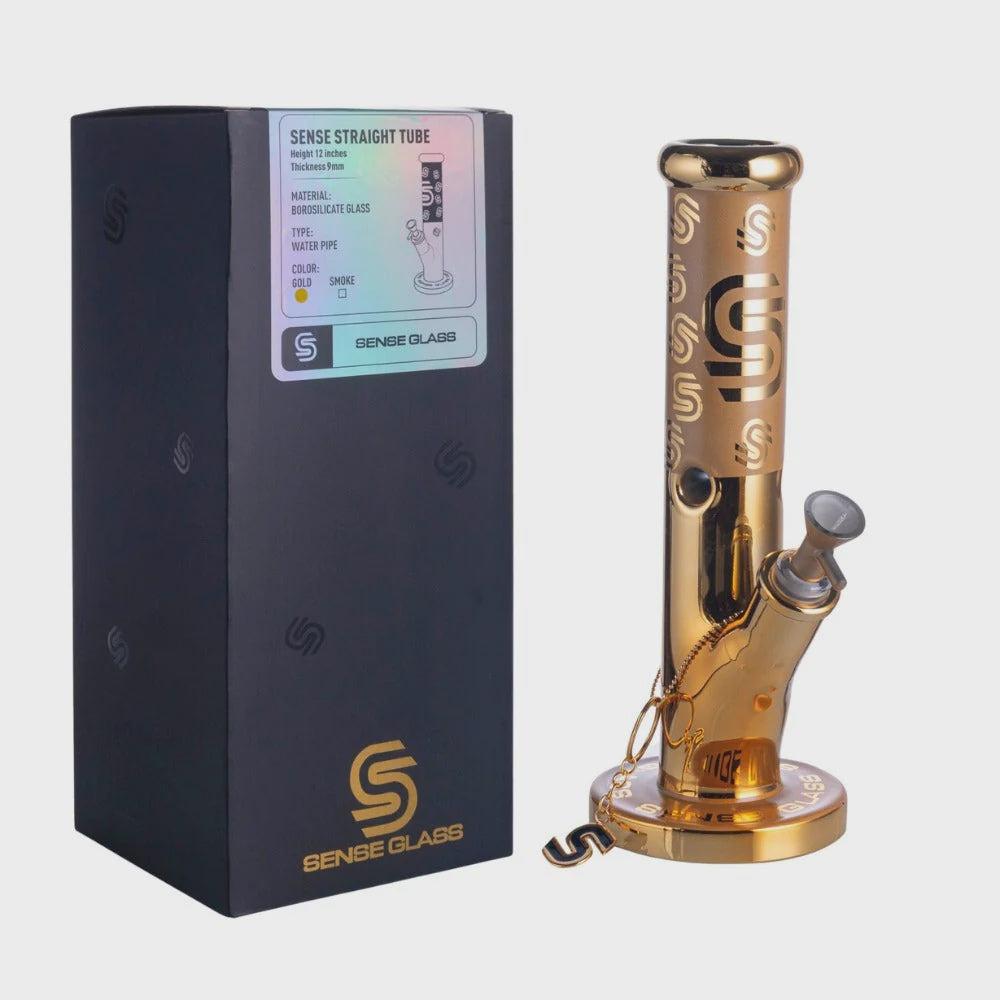 SENSE GLASS WATERPIPE 12" STRAIGHT TUBE 5mm SMOKE/GOLD